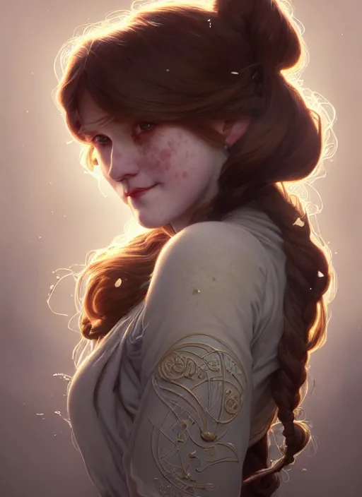 Image similar to close up portrait of wendy thomas, pale young woman with dark freckles and pigtails, big frosty swirled imagery by artgerm, cushart krenz, greg rutkowski, mucha. art nouveau. gloomhaven, golden arches logo, pale colors, sharp edges. ultra clear detailed. 8 k. elegant, intricate, octane render