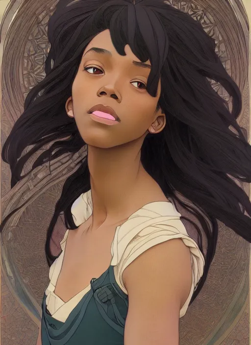 Image similar to pretty young black woman with shoulder length hair, path traced, highly detailed, high quality, digital painting, by studio ghibli and alphonse mucha, leesha hannigan, makoto shinkai, disney