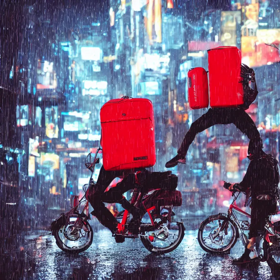 Prompt: food delivery driver with red backpack and futuristic rocket bike working in a rainy night in a cyberpunk city