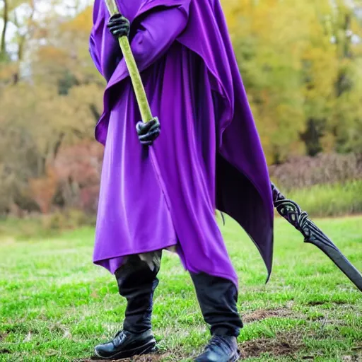 Image similar to grim reaper, purple cloak, full body, scythe