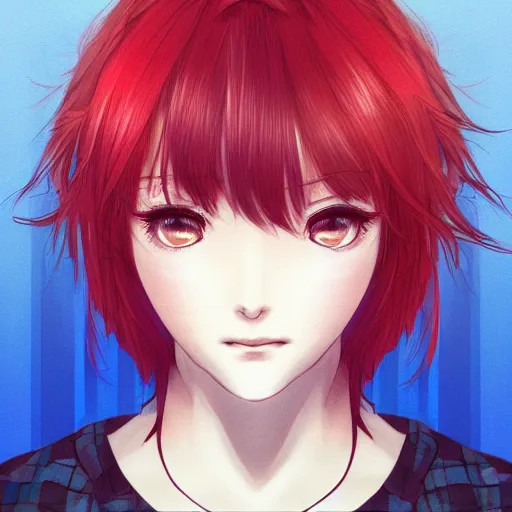 Prompt: full headshot portrait of woman with red hair and blue, digital art, drawn by WLOP, by Avetetsuya Studios, anime manga panel, trending on artstation, wearing a plaid shirt