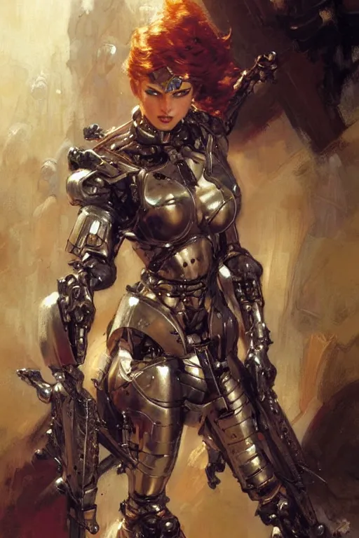 Image similar to futuristic women with medieval armor cyborg fighting dynamic poses, holding a gunsword, detail, beautifull face, no blur, painting by gaston bussiere, craig mullins, greg rutkowski, yoji shinkawa, sorayama