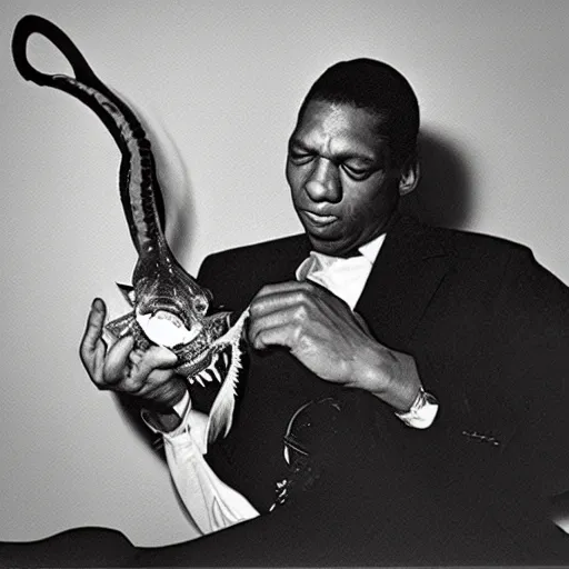 Image similar to john coltrane snuggling a scary loving angler fish in bed