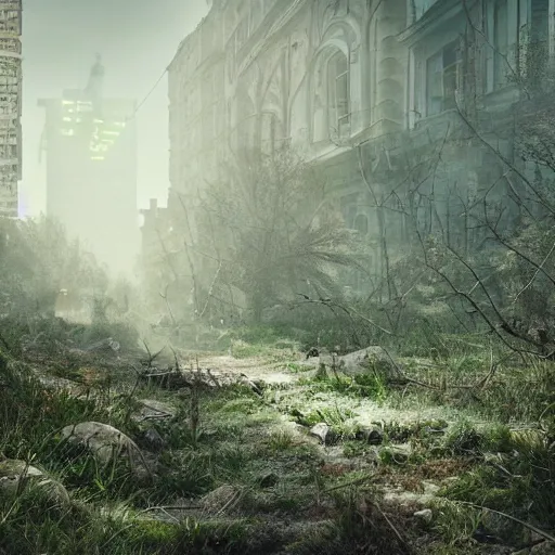 Prompt: post-apocalyptic overgrown moscow after losing the war, digital art, octane render, beautiful composition, trending on artstation, masterpiece