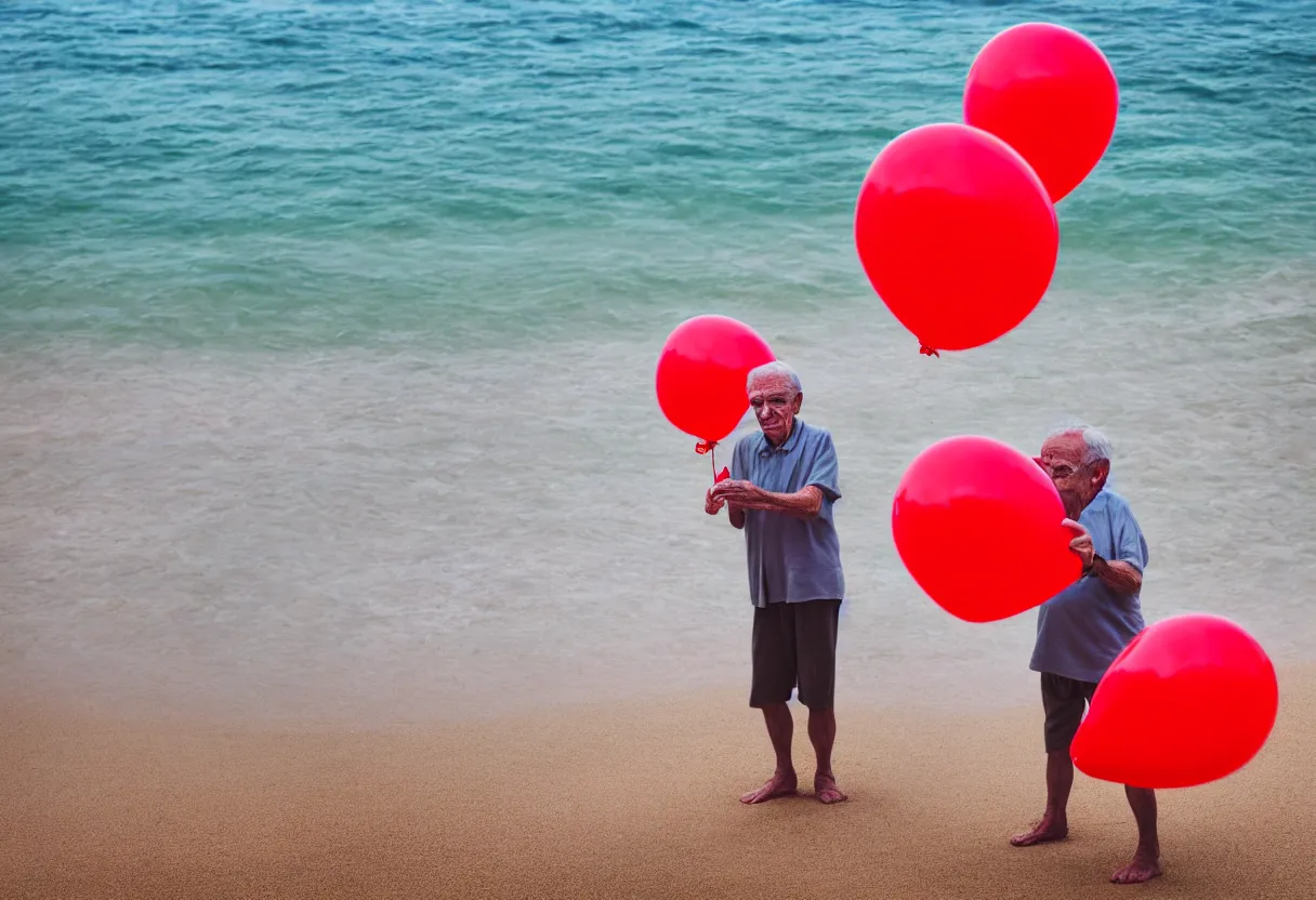 Image similar to a photo of old man on the beach holding red balloons., sharp focus, ground level view