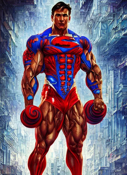 Image similar to portrait of crossfit bodybuilder fitness muscular superman!, futuristic detailed ornate cyberpunk costume!, red and blue costume!!, pale skin!, no logo!!!, painted art by tsuyoshi nagano, greg rutkowski, artgerm, alphonse mucha, spike painting