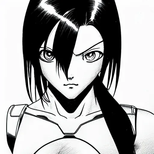 Image similar to alita by yukito kishiro. medium shot. black and white manga. pencil drawing. high detailed face