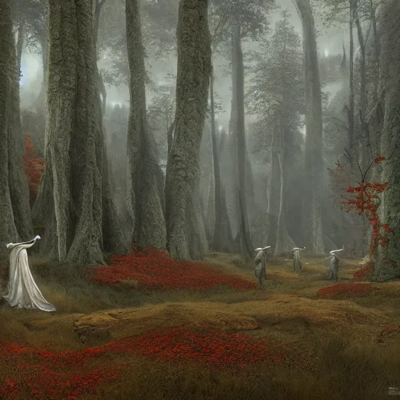 Prompt: a highly detailed 4 k fantasy matte painting of people dressed in white sheets in the woods, zdzislaw beksinski, artstation, cgsociety, unreal engine