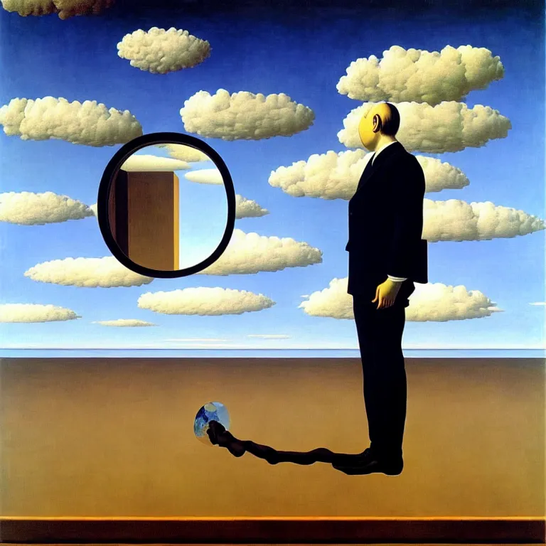 Prompt: a man looks into his own reflection and sees nothing, by rene magritte and salvador dali, surreal, oil on canvas, hyper detailed, vivid