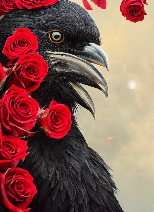 Image similar to red and golden color details, portrait, A healthy and proud crow with red eyes in front of the full big moon, book cover, red roses, red white black colors, establishing shot, extremly high detail, foto realistic, cinematic lighting, by Yoshitaka Amano, Ruan Jia, Kentaro Miura, Artgerm, post processed, concept art, artstation, raphael lacoste, alex ross, portrait, A crow with red eyes in front of the full big moon, book cover, red roses, red white black colors, establishing shot, extremly high detail, photo-realistic, cinematic lighting, by Yoshitaka Amano, Ruan Jia, Kentaro Miura, Artgerm, post processed, concept art, artstation, raphael lacoste, alex ross