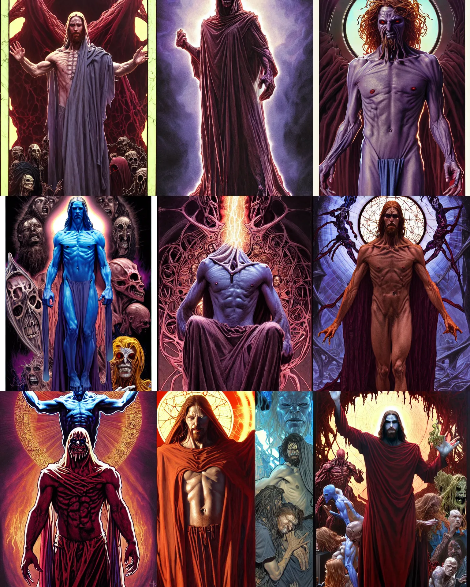 Prompt: the platonic ideal of jesus christ of cletus kasady ultimate carnage thanos dementor doctor manhattan chtulu nazgul, detailed, intricate, hyperrealism, intense, scary, decay, dmt, art by brock hofer and artgerm and greg rutkowski and alphonse mucha