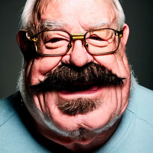 Image similar to dslr portrait photo still of!!! wilfred brimley!!! as a gangsta rapper with gold chains and gold teeth grills growling at camera and!!! showing his teeth!!!, 8 k, 8 5 mm f 1. 8