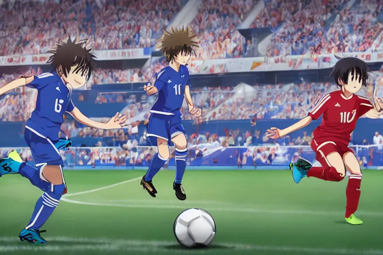 Prompt: anime soccer player scores goal with volley kick, hyperrealism