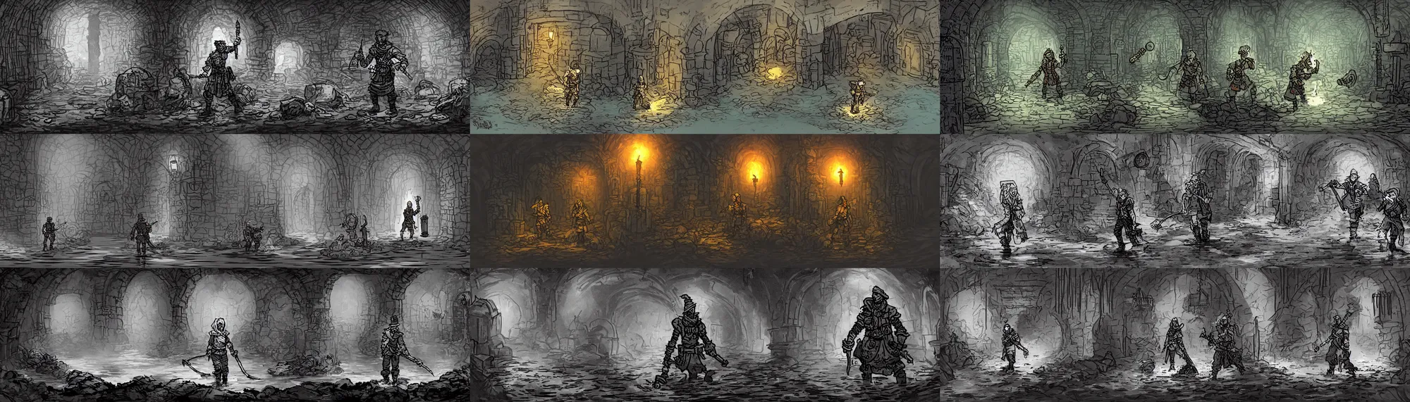 Prompt: an adventurer with a torch stands in a long sewer tunnel with two exits. a waist - deep stream with brackish water flows through them. fantasy art, underground, crumbling masonry, darkness, sewage falling from grates, abandoned spaces, torchlight. concept art for darkest dungeon.