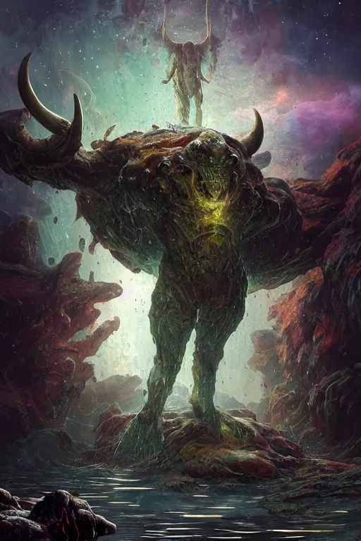 Image similar to a huge muscular demon with ram's horns and glowing eyes emerges from a pond on rocky alien world, water splashing cascading, alien flora and fauna, space background nebula nasa, by ruan jia, jack kirby, norman rockwell, wayne barlow, sergey krasovskiy, zdzislaw beksinski, artstation 3 d render character creature