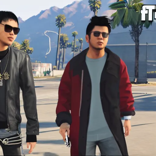 Image similar to Wu Yifan and Jay Chou rap in GTA 5, 4k
