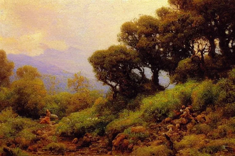 Prompt: masterpiece painting of oak trees on a hillside overlooking a creek, dramatic lighting, by gaston bussiere