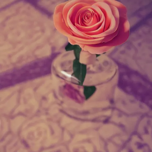 Prompt: perfume bottle surrounded by artistic, peach pink roses, peach background, softly - lit, warmly - lit, soft femme, romantic simple path traced, environment, up close shot