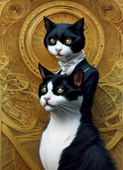 Prompt: tuxedo cat taking shelter from the rain, fantasy, intricate, elegant, hyper detailed, ultra definition, photoreal, artstation, unreal engine rendered, concept art, smooth, sharp focus, illustration, art by artgerm and greg rutkowski and alphonse mucha and garis edelweiss