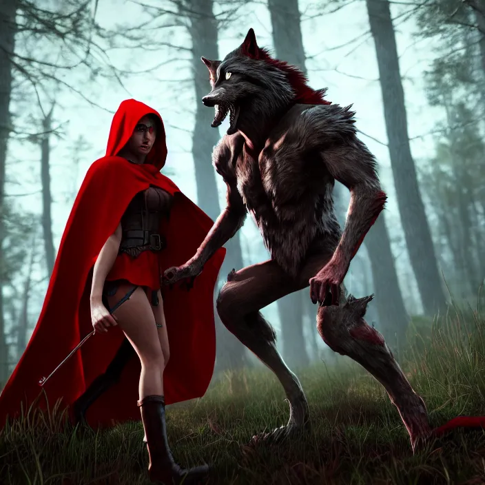 Prompt: beautiful red riding hood warrior confronting a werewolf ,highly detailed, 8k, HDR, award-winning, trending on artstation, octane render