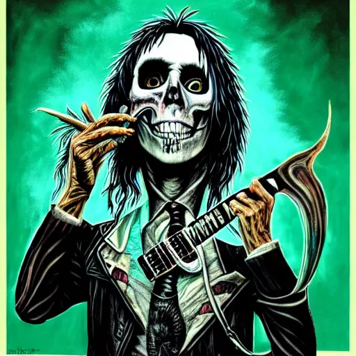 Image similar to graphic illustration, creative design, alice cooper as a skull, biopunk, francis bacon, highly detailed, hunter s thompson, concept art
