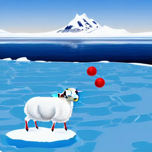 Image similar to cartoon drawing of a seal tossing a red ball with a white lamb in antarctica. the seal's head is sticking out above the water and the sheep is standing near the edge of ice