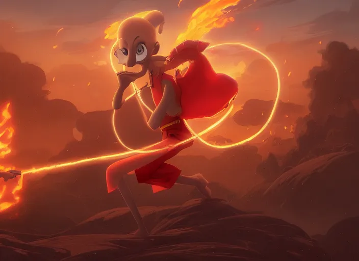 Image similar to squidward wearing fire nation clothing and practicing firebending in an open field at susnset, digital art, highly detailed, intricate, 8 k, greg rutkowski, artgerm