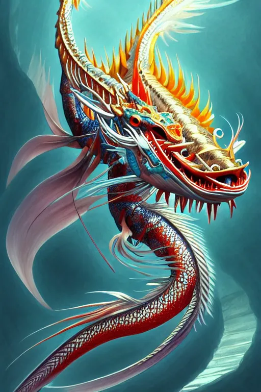 Image similar to a fish with a beautiful fin, chinese dragon concept art, d & d, highly detailed, digital painting, artstation, sharp focus, illustration, art by tan zi and ayanamikodon and alphonse mucha and wlop