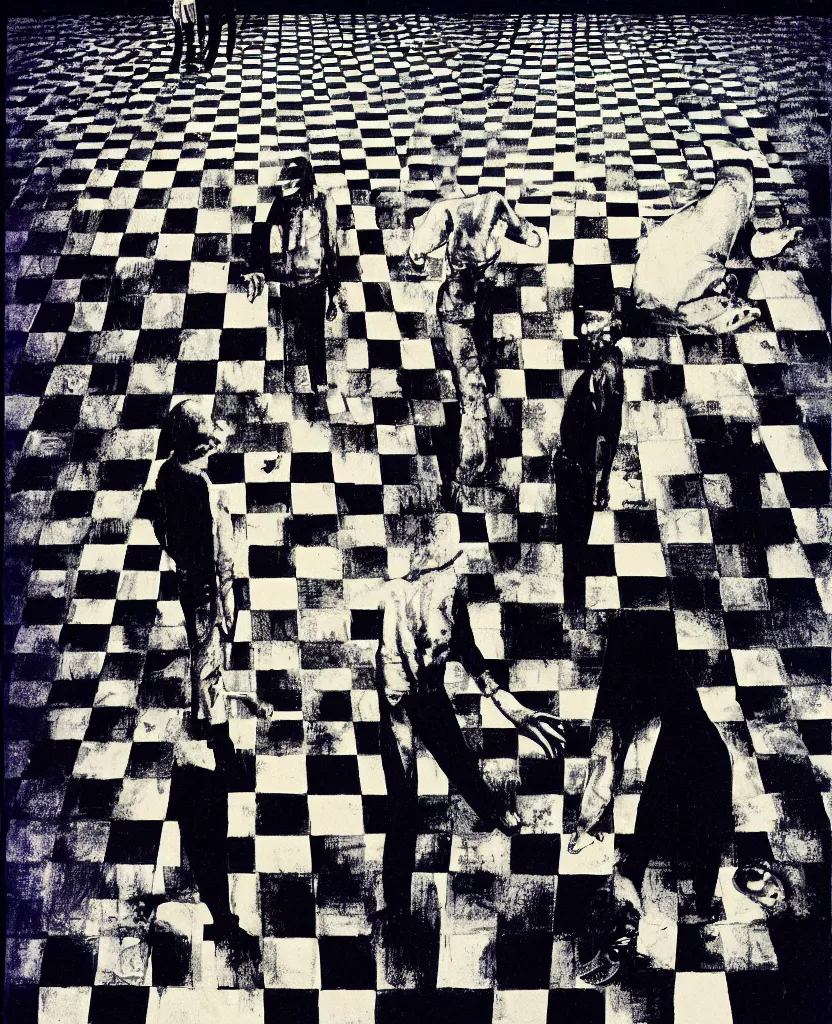 Image similar to a couple of people standing on top of a checkered floor, a poster by syd barrett, behance, neo - expressionism, black arts movement, poster art, indigo dye - transfer, artwork, 1 9 9 0 s