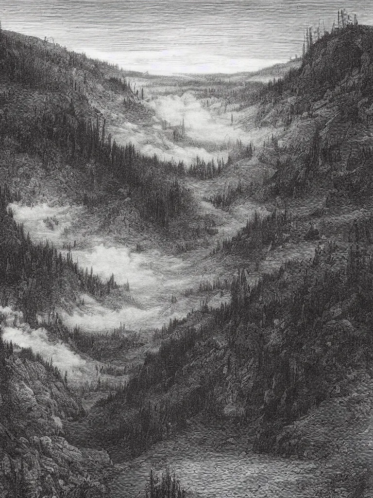 Image similar to an engraving of yellowstone national park by gustave dore and albrecht durer highly detailed, fog, depth, lithograph engraving