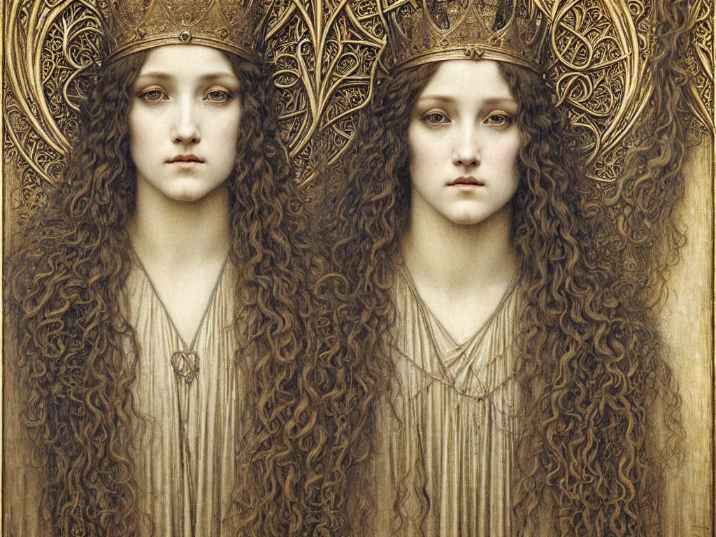 Image similar to detailed realistic beautiful young medieval queen face portrait by jean delville, gustave dore and marco mazzoni, art nouveau, symbolist, visionary, gothic, pre - raphaelite. horizontal symmetry