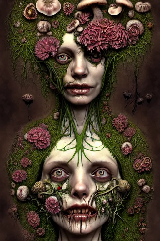 Prompt: very sad and detailed rotten woman corpse with fractal plants and fractal flowers and mushrooms growing around, face muscles, veins, arteries, intricate, ornate, surreal, ray caesar, john constable, guy denning, dan hillier