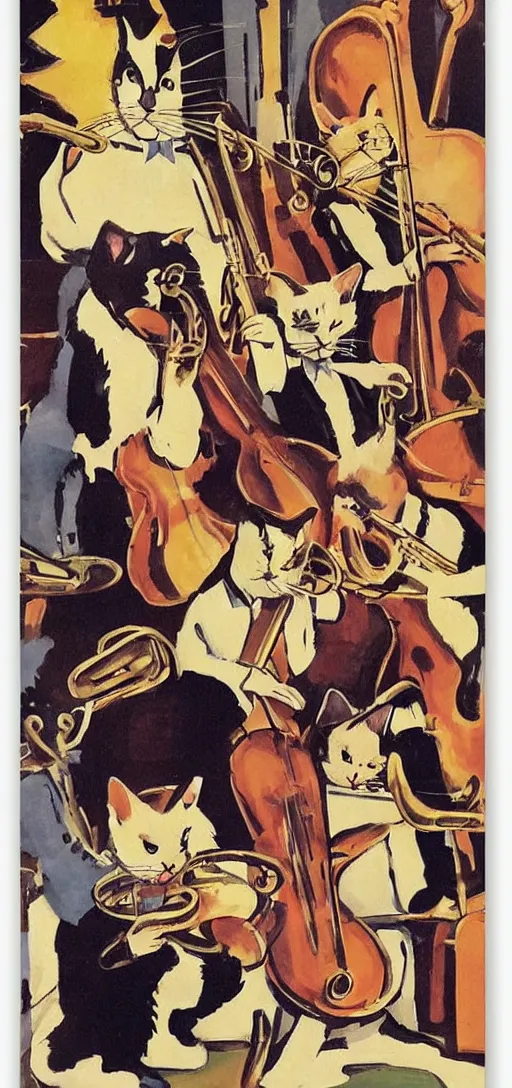 Image similar to portrait of a cat's band playing jazz, retro avanguard poster, by Reginald Montague Lander, By Tom Purvis, By Joseph Binder