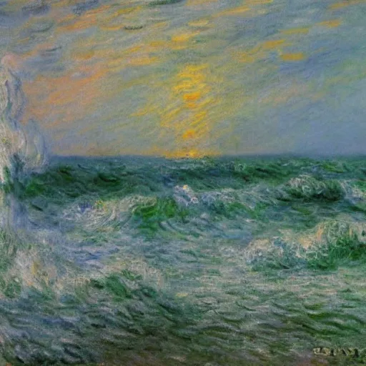 Prompt: a stormy sea with large waves and lightning in the sky, oil painting, impressionist, monet