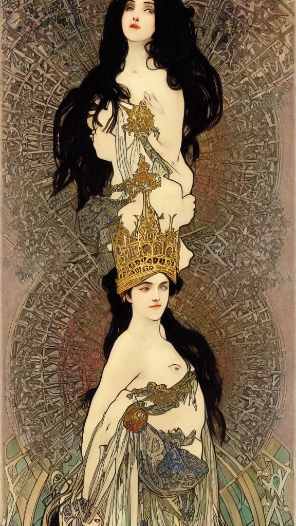 Prompt: portrait of a beautiful black haired woman with pale skin and a crown on her head sitted on an intricate metal throne, artwork by alphonse mucha