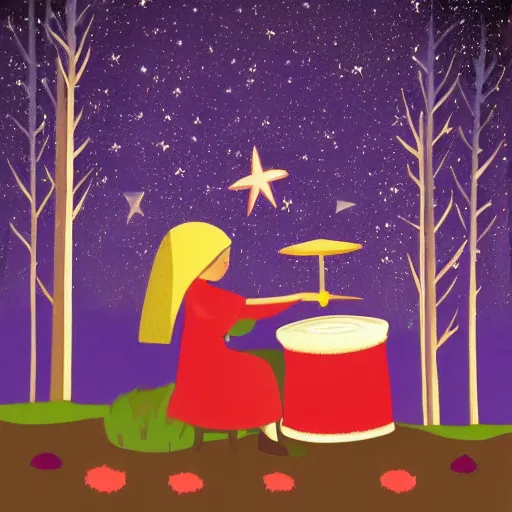 Image similar to a babushka playing drums and in a forest with stars in the sky over her head