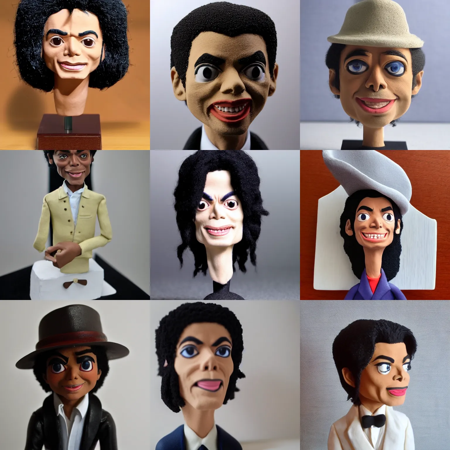 Prompt: michael jackson!!! very realistic!!! smooth specular clay! extremely close smooth specular sculpted headshot of michael jackson clay puppet , soft light, fog , on wooden table. style: claymation puppet kids clay , by guldies