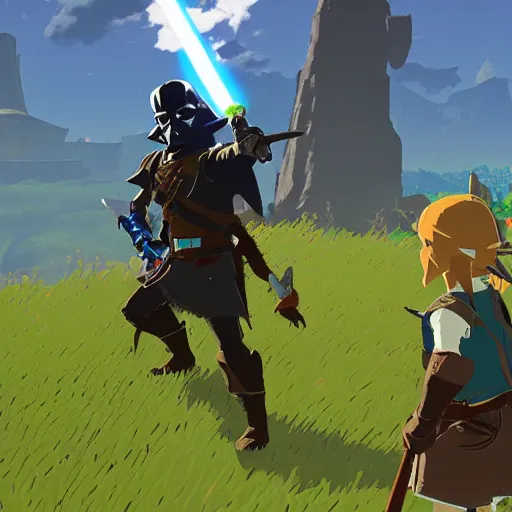 Image similar to a screencap of the legend of zelda breath of the wild, of darth vader in breath of the wild