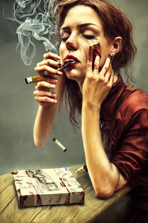 Prompt: dirty faced and very tired womanlooking pile smoking a winebottle, drugs, cigarrette boxes at the table, stormy weather, fantasy, intricate, elegant, highly detailed, digital painting, artstation, concept art, addiction, chains, smooth, sharp focus, illustration, art by Ilja Repin