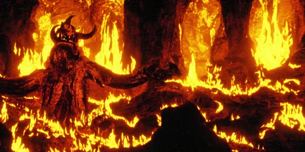 Prompt: A full color still from a Stanley Kubrick film featuring a Balrog made of flames in the fancy mines Moria, practical effects, 35mm, 1975