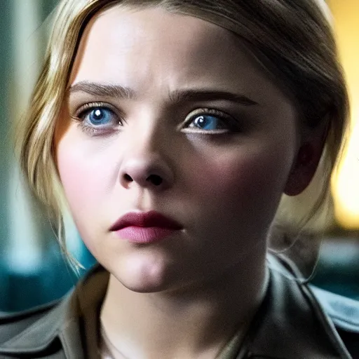 Image similar to Adult Chloe Moretz in Inglorious Basterds, movie scene, XF IQ4, 50mm, F1.4, studio lighting, professional, 8K, Look at all that detail!, Dolby Vision, UHD