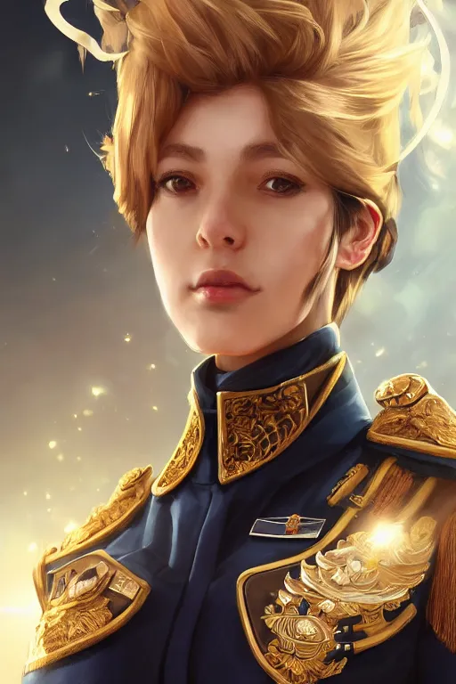 Image similar to beautiful portrait of a female officer wearing a fancy naval uniform, art by wlop and artgerm, science fiction, intricate detail, blonde hair, space background, trending on artstation, sharp focus, illustration, caustics, octane render, radiant light, 4 k