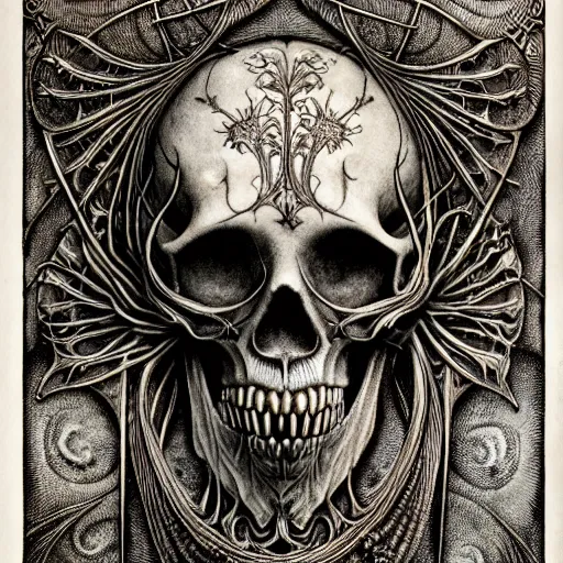 Image similar to memento mori by arthur rackham, art forms of nature by ernst haeckel, ultrasharp, photorealistic, hyperdetailed, octane render, polished, art nouveau, gothic, ornately antique porcelain beautiful skull mask dominant, intricate ornamental organic filigree, art nouveau botanicals, art forms of nature by ernst haeckel, horizontal symmetry, symbolist, visionary