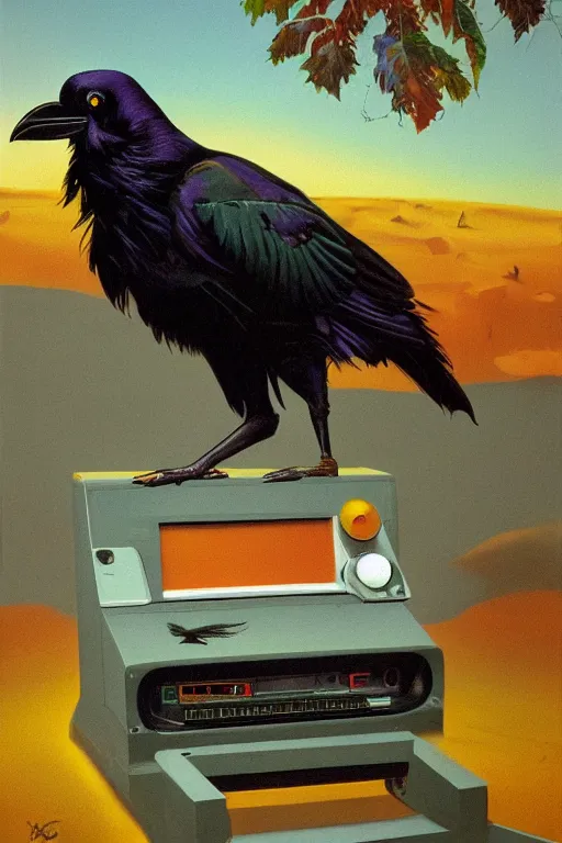 Image similar to a raven investigating 8 0 s era technology, vintage shapes, retro technology, sylvan color, wayne barlow, oil on canvas, deep depth of field, masterpiece, cinematic composition, hyperdetailed