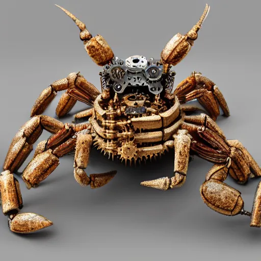 Prompt: A photorealistic 3d render of a steampunk crab made of gears and pipes wide view shot by ellen jewett , tomasz alen kopera and Justin Gerard symmetrical features, ominous, magical realism, texture, intricate, ornate, royally decorated, windows, radiant colors, fantasy, trending on artstation, volumetric lighting, micro details, 3d sculpture, ray tracing, 8k