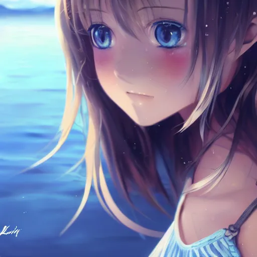 Image similar to a very beautiful anime girl, full body, long wavy blond hair, sky blue eyes, full round face, short smile, cute top, short jeans, summer lake setting, cinematic lightning, medium shot, mid-shot, highly detailed, trending on Artstation, Unreal Engine 4k, cinematic wallpaper by Stanley Artgerm Lau, WLOP, Rossdraws, James Jean, Andrei Riabovitchev, Marc Simonetti, and Sakimichan