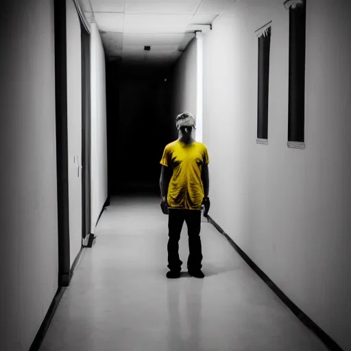 Image similar to danny devitio standing at the bottom of a dark corridor in the backrooms. staring at the camera. scary. horror. liminal space. yellow. desaturated.