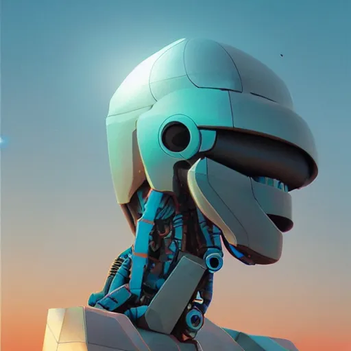 Prompt: giant robot head on the ground while robotic dolphins are flying in the sky by beeple, digital art