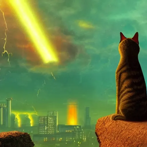 Prompt: a cat is sitting on a rock and looks at a total fallout city, while it is radioactive raining and a wild ghoul is coming nearby