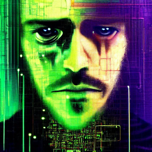 Prompt: hyperrealistic portrait of a cyberpunk man, teenager, long hair, immersed within a network, glitch eyes, by Guy Denning, Johannes Itten, Derek Gores, Russ Mills, glitch art, smooth lines, fine detail, polished, complex, hacking effects, holographic, digital tech effects, green, color blocking!, realistic, acrylic on canvas, concept art, abstract!, symmetrical, 8k, concept art, octane, photorealistic, cgsociety, trending on artstation